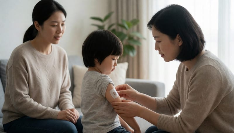 연속혈당측정기 센서를 확인하는 보호자와 아이의 모습