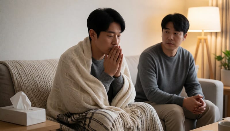 목을 감싸며 아파하는 남성이 소파에 앉아 있는 모습