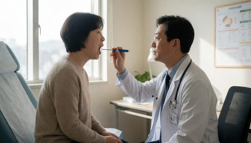의사가 환자의 목 안쪽을 검진하는 모습