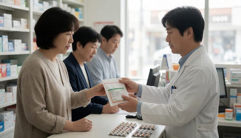 약사가 약을 건네는 약국 모습