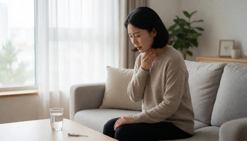 목을 감싸며 고통스러운 표정을 짓는 여성