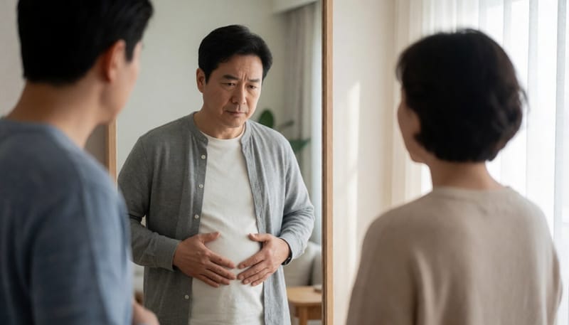 거울 앞에서 자신의 복부를 살펴보는 중년 남성
