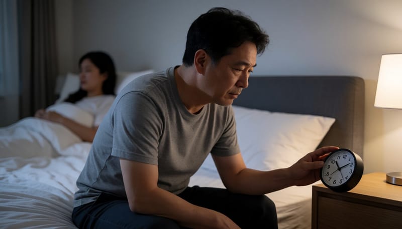 밤에 잠들지 못하고 시계를 바라보는 중년 남성