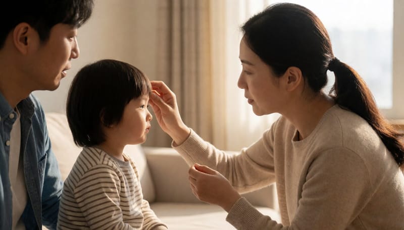 아이의 목 상태를 살피는 어머니