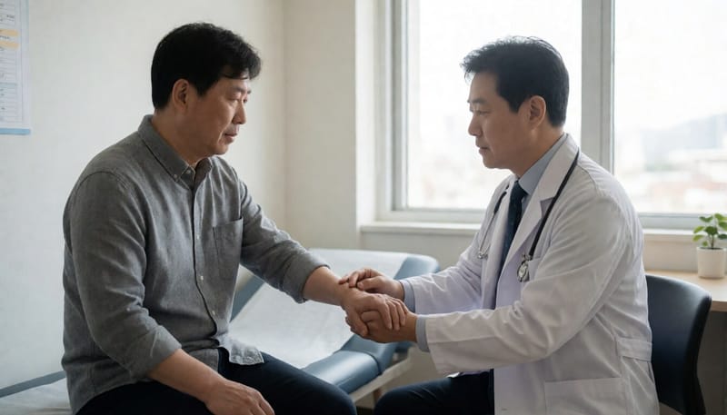 의사가 환자의 다리 근력과 반사 반응을 검사하는 모습