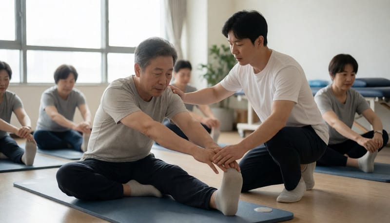 재활치료사와 함께 허리 스트레칭을 하는 환자의 모습