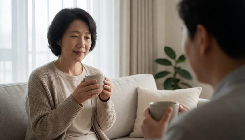 집에서 불편함을 느끼며 앉아있는 여성의 모습