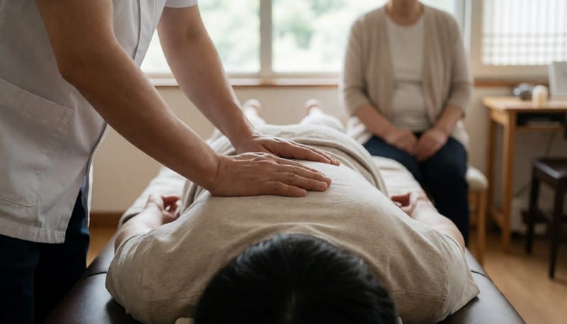 한의사가 환자의 척추를 손으로 교정하는 모습