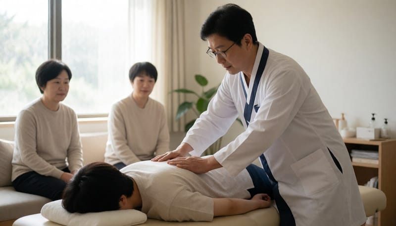 한의원에서 추나요법 치료를 받고 있는 환자의 모습