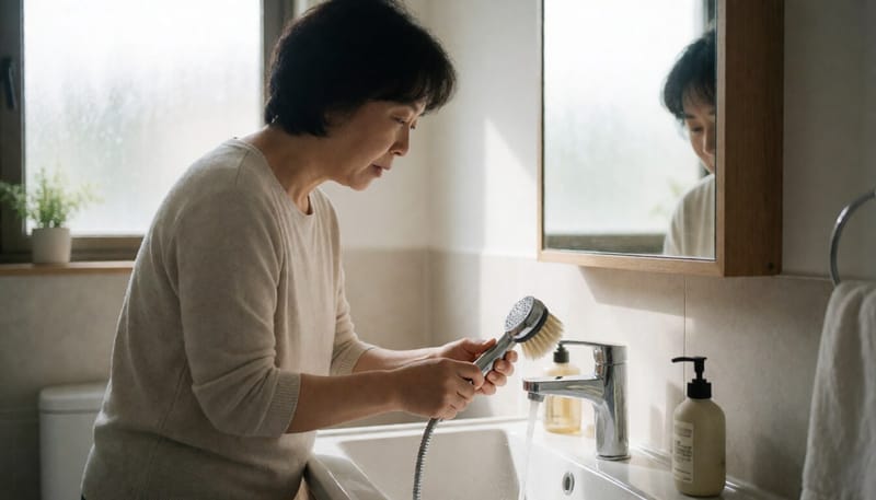 욕실에서 샤워기 헤드의 물때를 솔로 닦아내는 여성