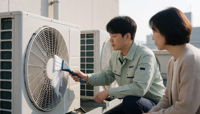 옥상에서 에어컨 실외기 냉각부를 점검하고 청소하는 관리자