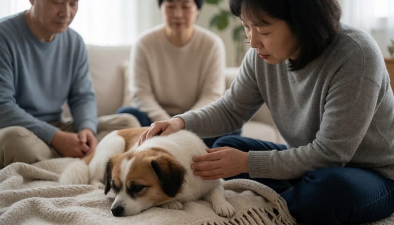 기운 없이 누워 있는 반려견을 살피는 보호자