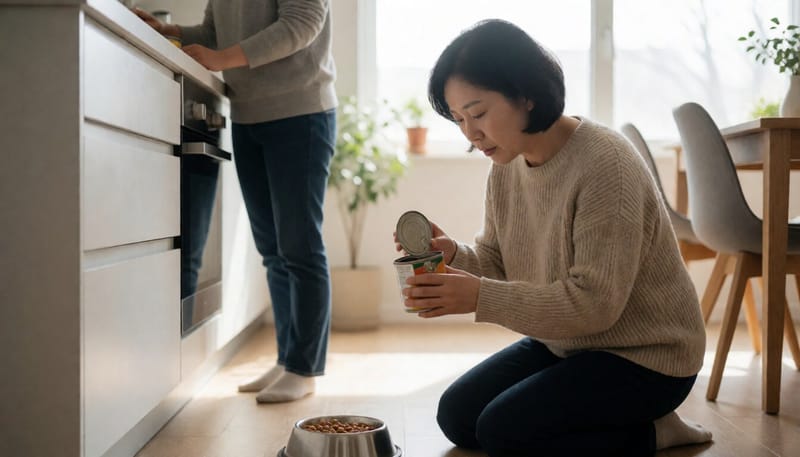 반려동물 캔사료 뚜껑을 살펴보는 여성의 모습