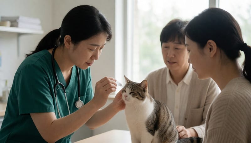 동물병원에서 수의사가 고양이 눈에 안약을 넣어주는 모습