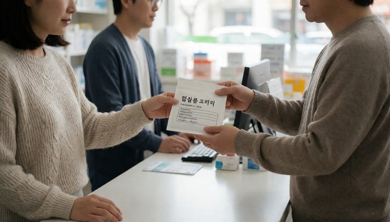 약국에서 처방받은 항생제를 건네받는 모습