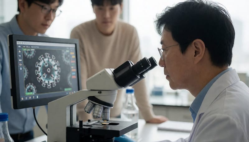 현미경으로 바이러스를 관찰하는 연구원