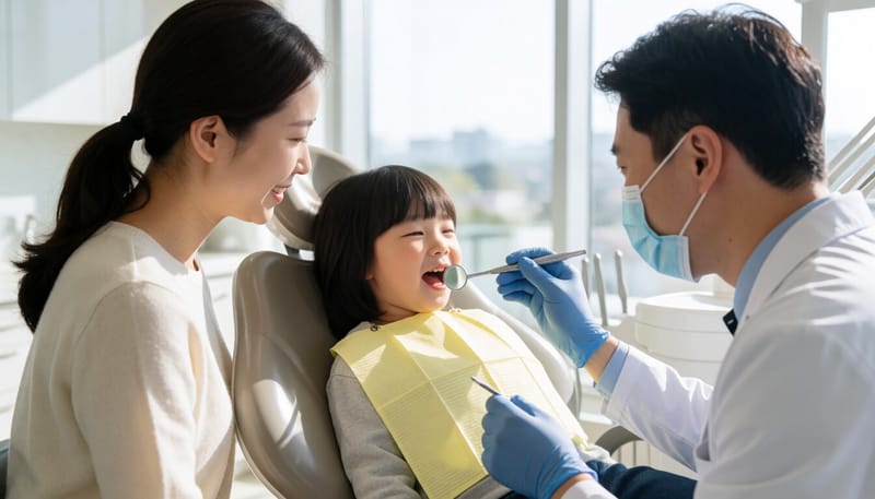 어린이 어금니를 검진하는 치과의사