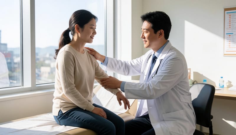 진료실에서 통증 부위를 진찰받는 환자의 모습