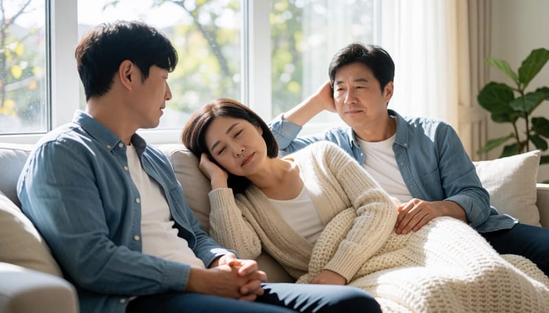 치료 후 집에서 휴식을 취하며 피로감을 관리하는 환자의 모습