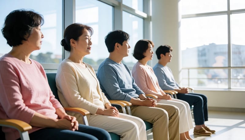 방사선치료를 받기 위해 병원 대기실에 앉아 있는 환자의 모습
