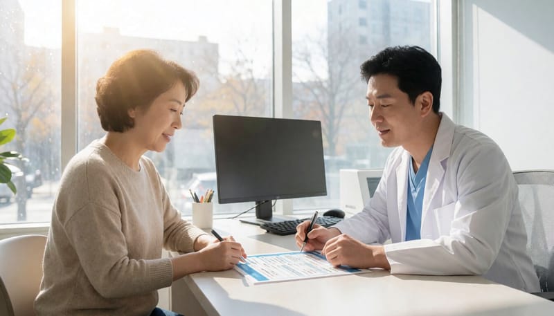 치과 상담실에서 환자가 치과의사와 임플란트 비용에 대해 상담하는 모습