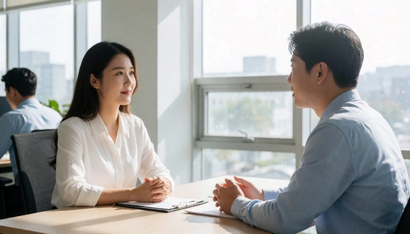 사무실에서 동료와 대화를 나누는 직장인들의 모습