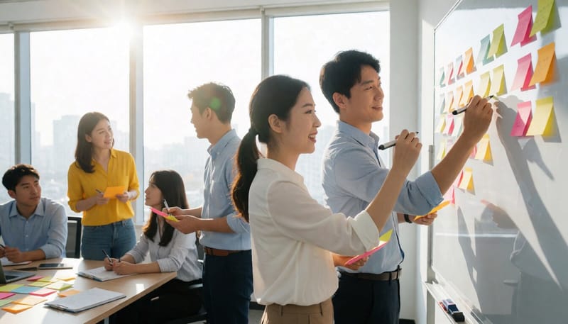 직장인들이 워크숍에서 의견을 나누는 모습