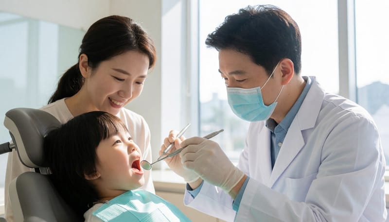 소아 환자의 치아를 살펴보는 치과의사