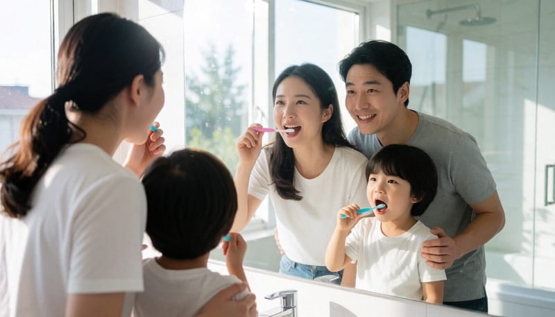 집에서 함께 양치질하는 부모와 아이