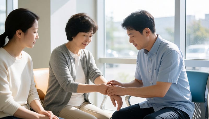 진료 전 흉터 부위를 살펴보는 환자의 모습