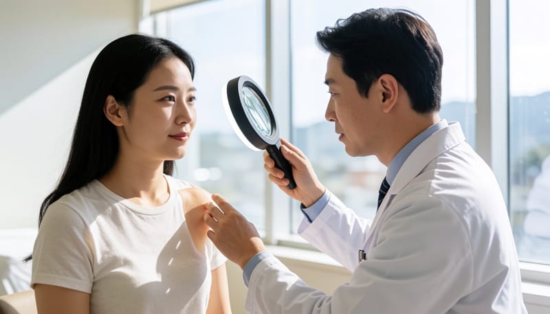피부과 의사가 환자의 흉터를 진료하는 모습