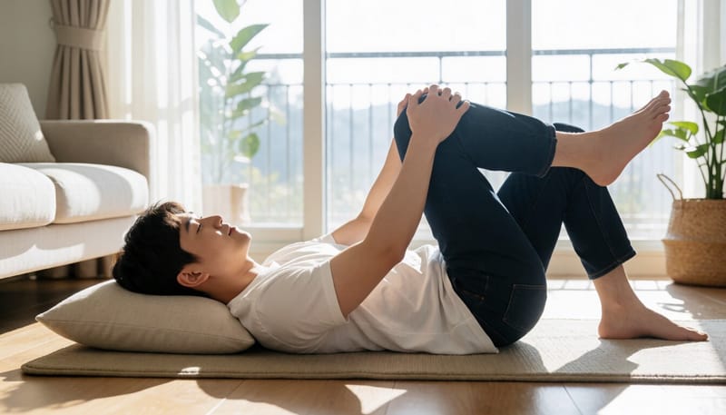 무릎을 가슴으로 당기는 스트레칭 동작을 하는 모습
