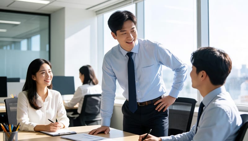 사무실에서 잠깐 일어나 허리를 스트레칭하는 직장인