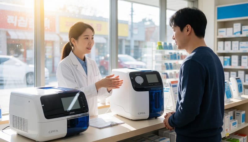 의료기기 매장에서 양압기를 비교 설명하는 모습