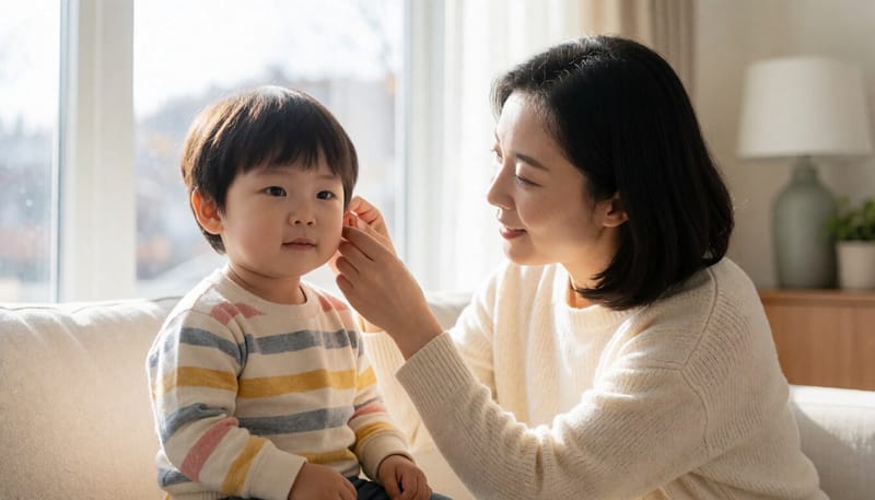 엄마가 아이의 귀 상태를 살펴보는 모습