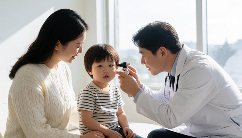의사가 아이의 귀를 이경으로 진찰하는 모습