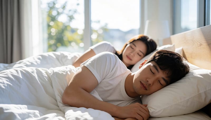 잠든 남성이 입을 벌린 채 뒤척이는 모습