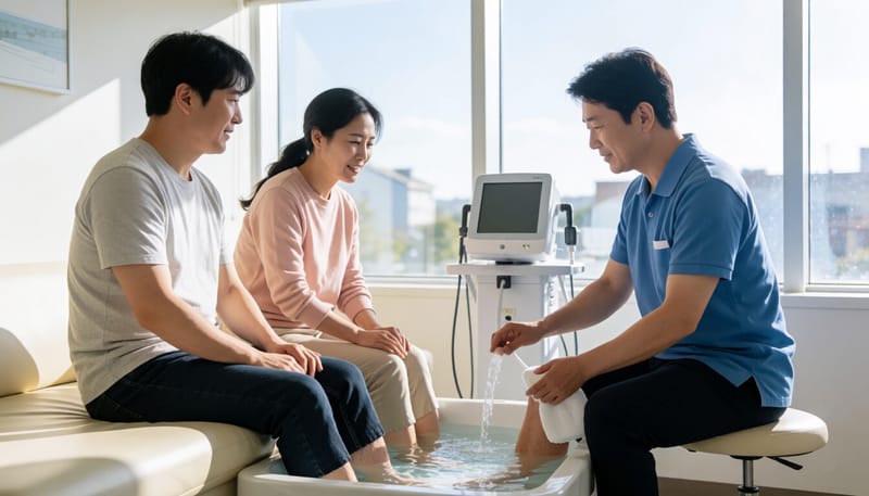 물이 담긴 용기에 손을 담그고 치료받는 모습