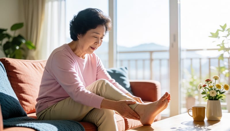 거실에서 발바닥 상처를 살피는 여성