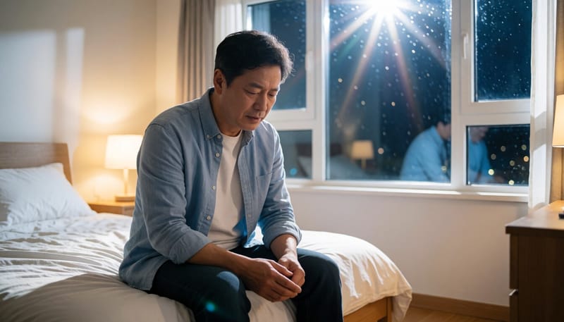 밤에 침대에 앉아 발을 주무르는 중년 남성
