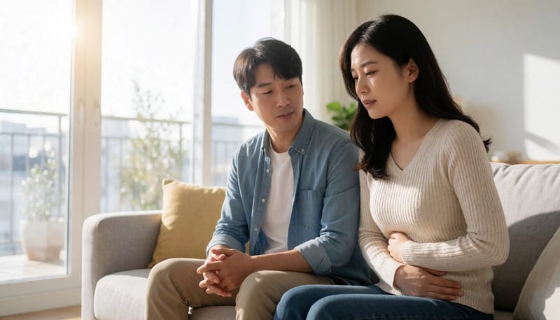 복통을 호소하며 배를 움켜쥔 여성의 모습