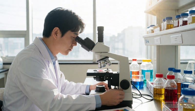 조직검사 슬라이드를 현미경으로 살펴보는 병리검사실 모습