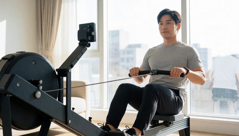 로잉머신에서 다리를 밀며 손잡이를 당기는 자세
