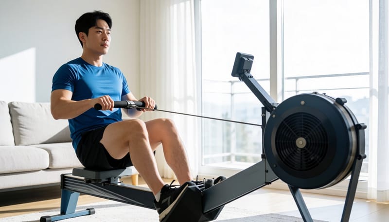 가정에서 로잉머신으로 운동하는 모습