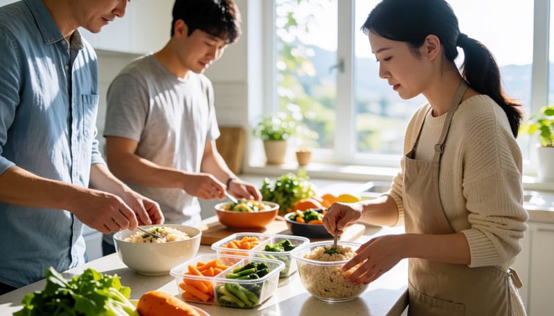 현미와 고구마 등 식재료를 소분하는 여성의 모습