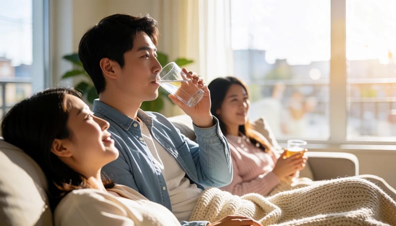 집에서 경구수분보충용액을 마시는 남성