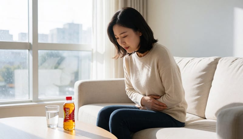 복통을 참으며 물을 챙기는 여성의 모습