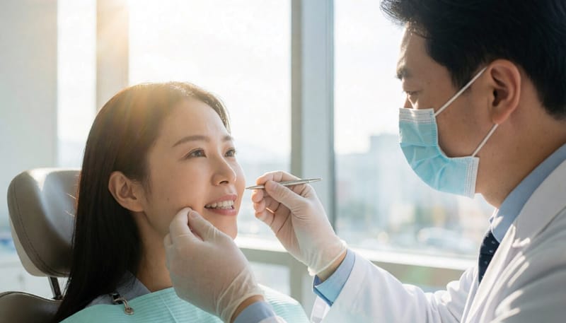 임플란트수술 후 부기와 통증 여부를 확인하는 진료 장면
