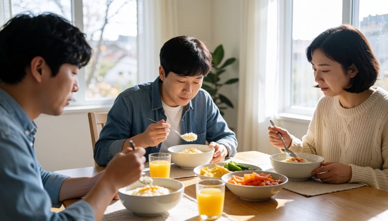 임플란트수술 후 부드러운 음식을 먹는 모습