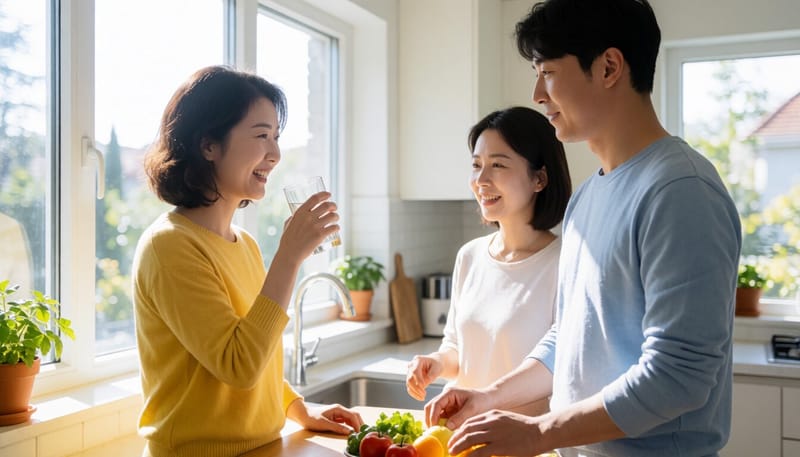 집에서 소금물로 가글하는 여성